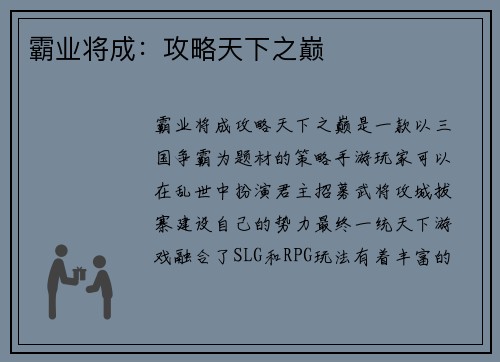 霸业将成：攻略天下之巅